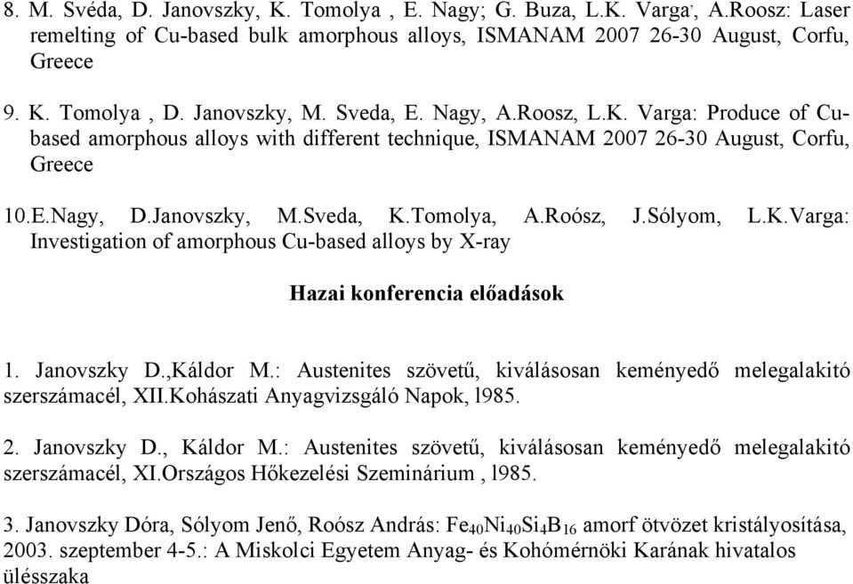 Roósz, J.Sólyom, L.K.Varga: Investigation of amorphous Cu-based alloys by X-ray Hazai konferencia előadások 1. Janovszky D.,Káldor M.
