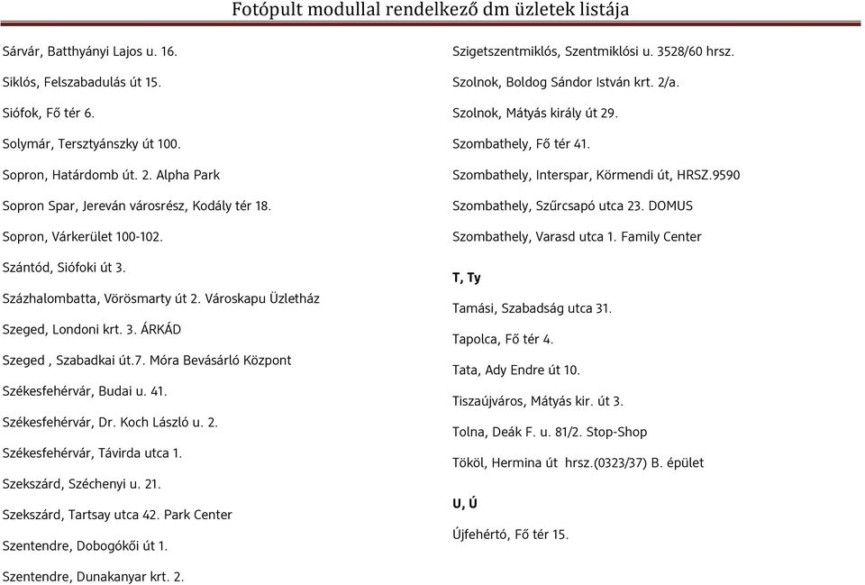 Móra Bevásárló Központ Székesfehérvár, Budai u. 41. Székesfehérvár, Dr. Koch László u. 2. Székesfehérvár, Távirda utca 1. Szekszárd, Széchenyi u. 21. Szekszárd, Tartsay utca 42.