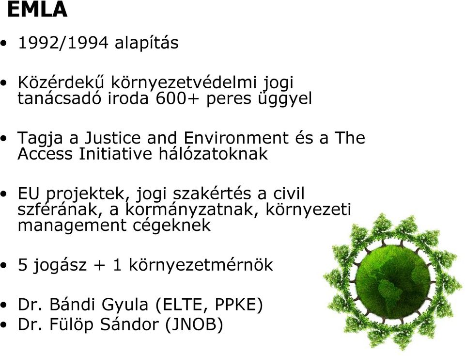 projektek, jogi szakértés a civil szférának, a kormányzatnak, környezeti management