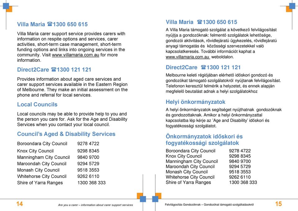 Direct2Care 1300 121 121 Provides information about aged care services and carer support services available in the Eastern Region of Melbourne.