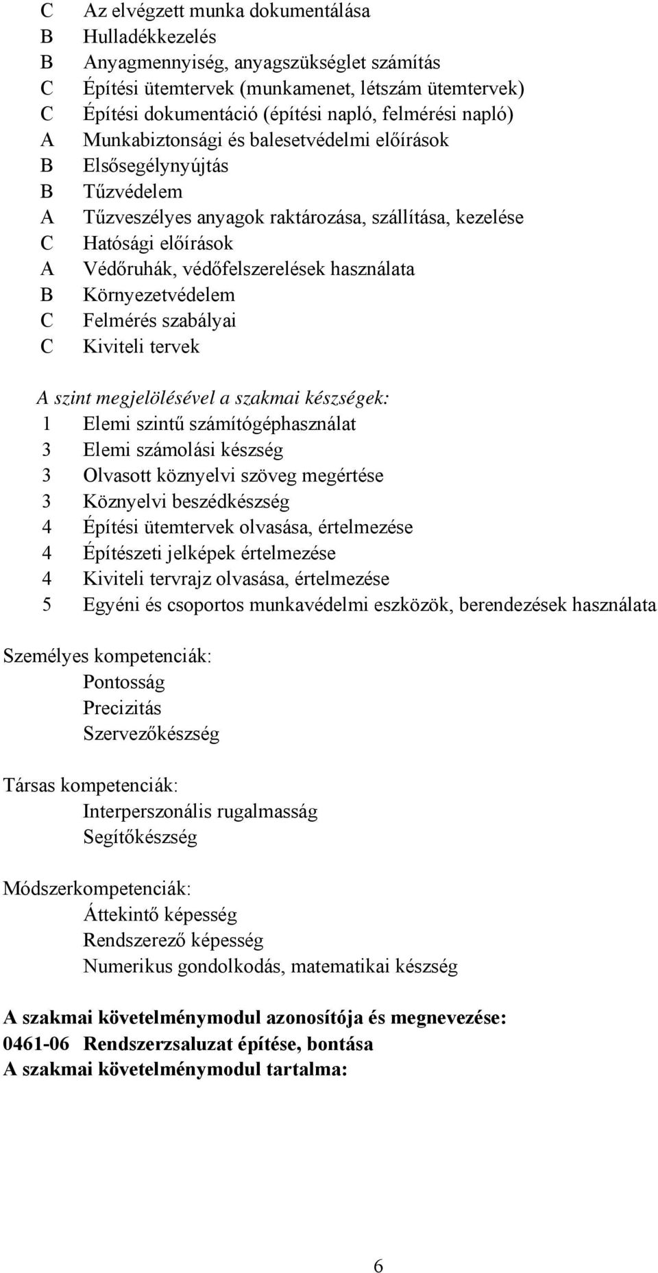 Környezetvédelem Felmérés szabályai Kiviteli tervek A szint megjelölésével a szakmai készségek: 1 Elemi szintű számítógéphasználat 3 Elemi számolási készség 3 Olvasott köznyelvi szöveg megértése 3