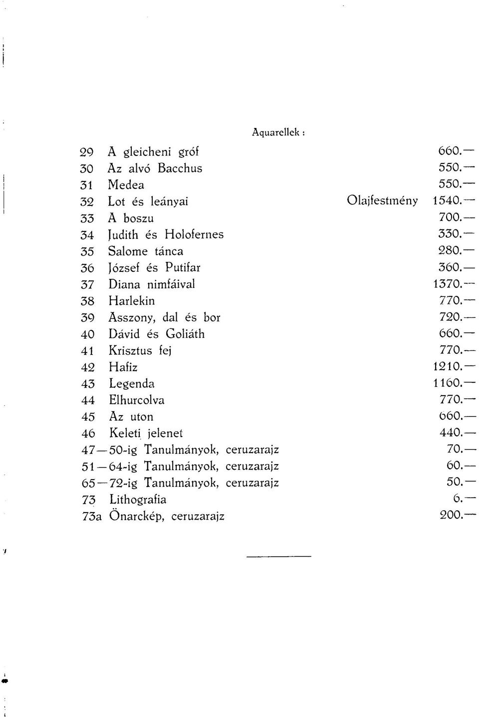 39 Asszony, dal és bor 720. 40 Dávid és Goliáth 660. 41 Krisztus fej 770. 42 Hafiz 1210. 43 Legenda 1160. 44 Elhurcolva 770. 45 Az uton 660.