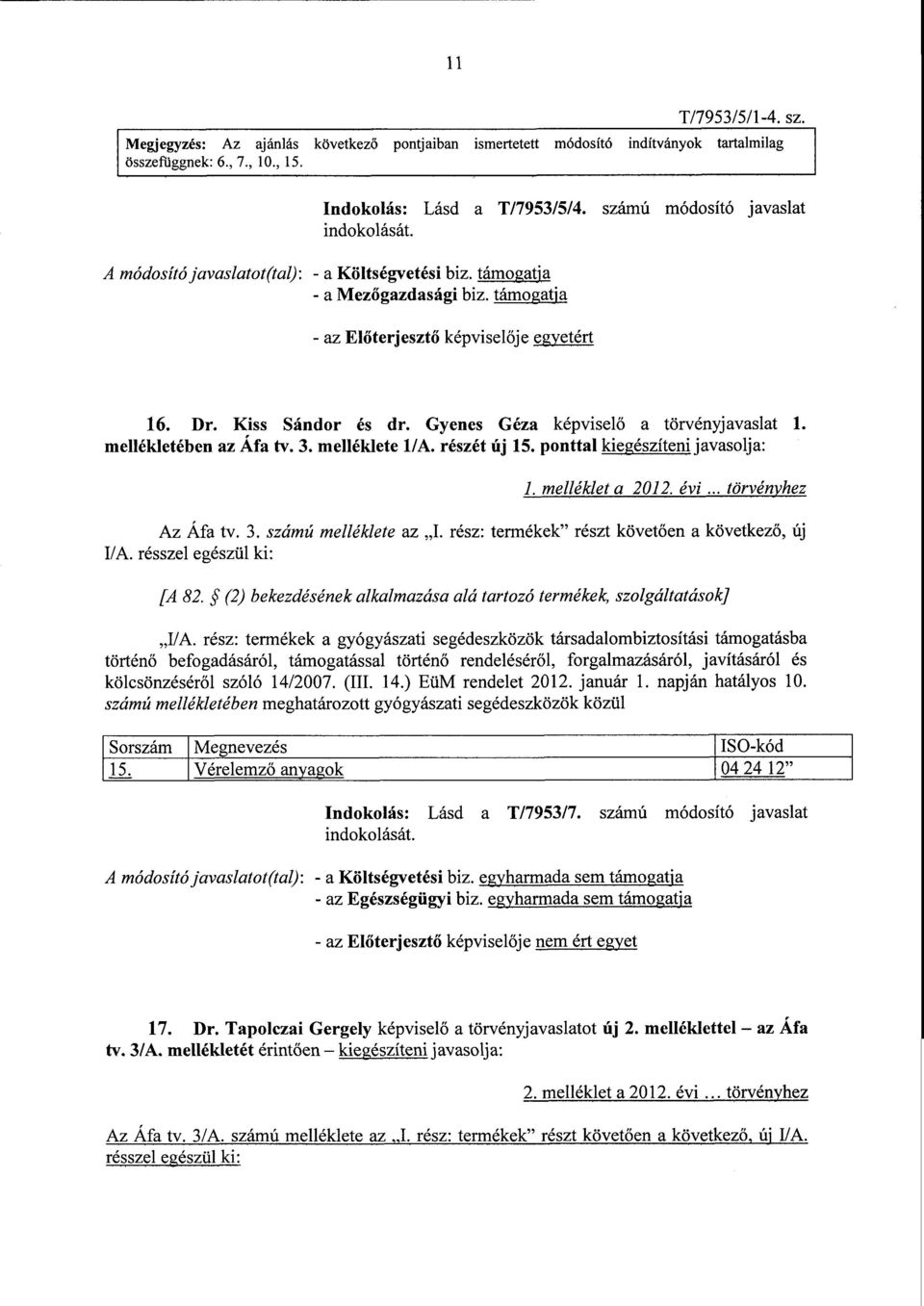 Gyenes Géza képviselő a törvényjavaslat 1. mellékletében az Áfa tv. 3. melléklete 1/A. részét új 15. ponttal kiegészíteni javasolja: 1.melléklet a 2012. évi... törvényhez Az Áfa tv. 3. számú melléklete az I.