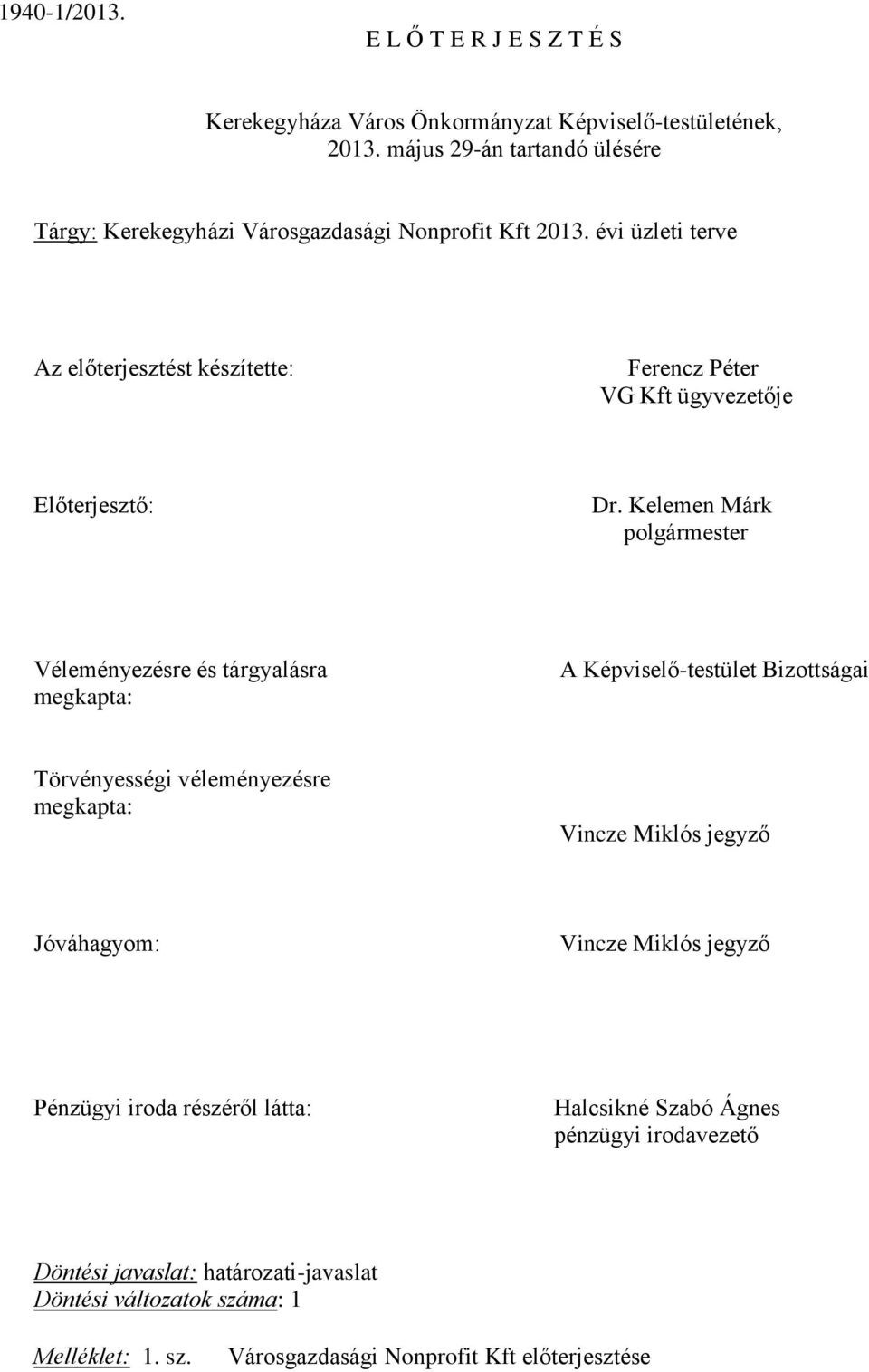 évi üzleti terve Az előterjesztést készítette: Ferencz Péter VG Kft ügyvezetője Előterjesztő: Dr.