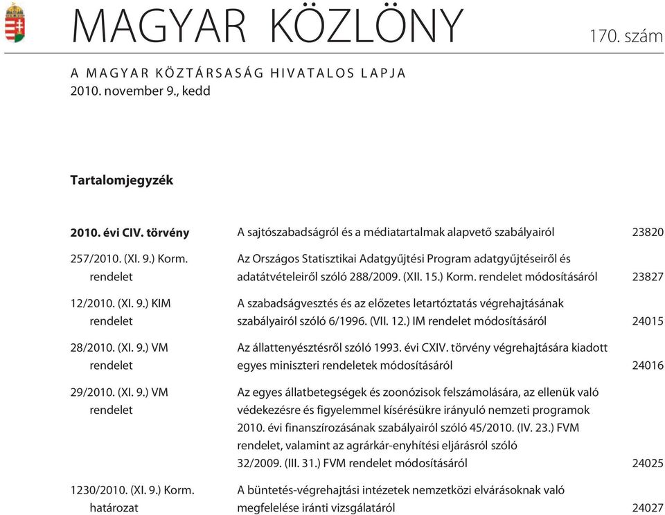 (XI. 9.) Korm. határozat Az Országos Statisztikai Adatgyûjtési Program adatgyûjtéseirõl és adatátvételeirõl szóló 288/2009. (XII. 15.) Korm. rendelet módosításáról 23827 A szabadságvesztés és az elõzetes letartóztatás végrehajtásának szabályairól szóló 6/1996.