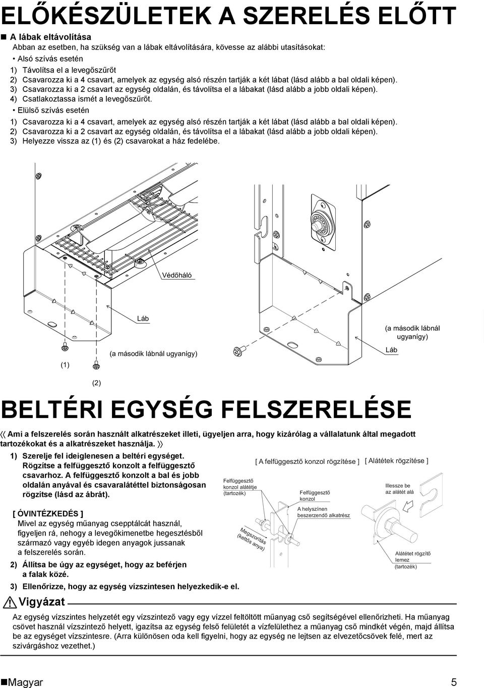 3) Csavarozza ki a 2 csavart az egység oldalán, és távolítsa el a lábakat (lásd alább a jobb oldali képen). 4) Csatlakoztassa ismét a levegőszűrőt.