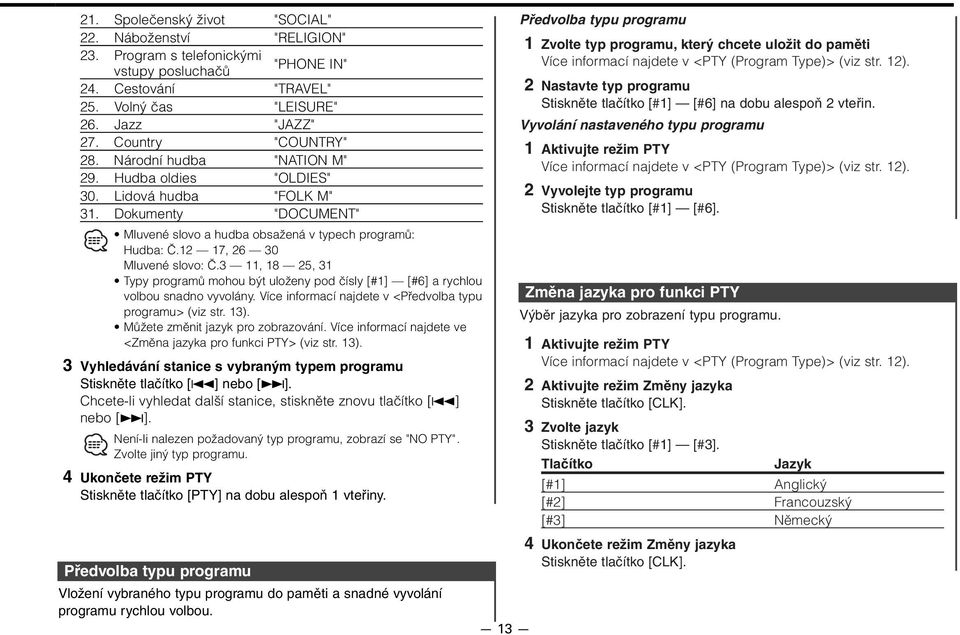 12 17, 26 30 Mluvené slovo: Č.3 11, 18 25, 31 Typy programů mohou být uloženy pod čísly [#1] [#6] a rychlou volbou snadno vyvolány. Více informací najdete v <Předvolba typu programu> (viz str. 13).