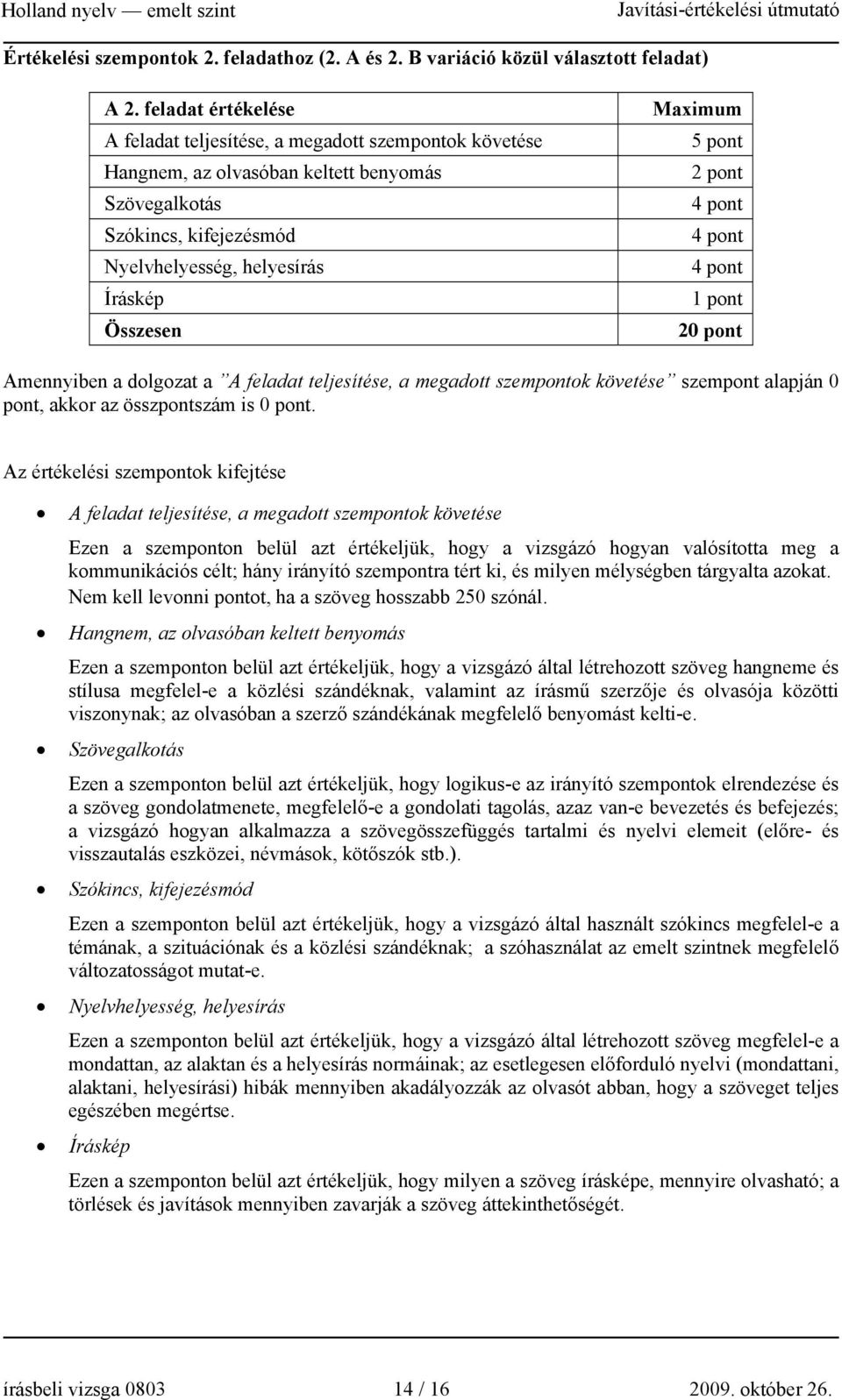 Maximum 5 pont 2 pont 4 pont 4 pont 4 pont 1 pont 20 pont Amennyiben a dolgozat a A feladat teljesítése, a megadott szempontok követése szempont alapján 0 pont, akkor az összpontszám is 0 pont.