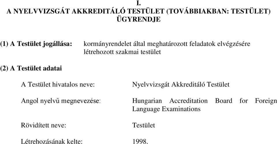 adatai A Testület hivatalos neve: Nyelvvizsgát Akkreditáló Testület Angol nyelvű megnevezése: Hungarian