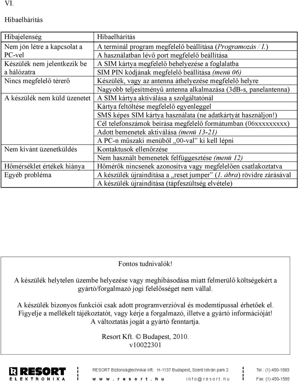 Nagyobb teljesítményű antenna alkalmazása (3dB-s, panelantenna) A készülék nem küld üzenetet A SIM kártya aktiválása a szolgáltatónál Kártya feltöltése megfelelő egyenleggel SMS képes SIM kártya