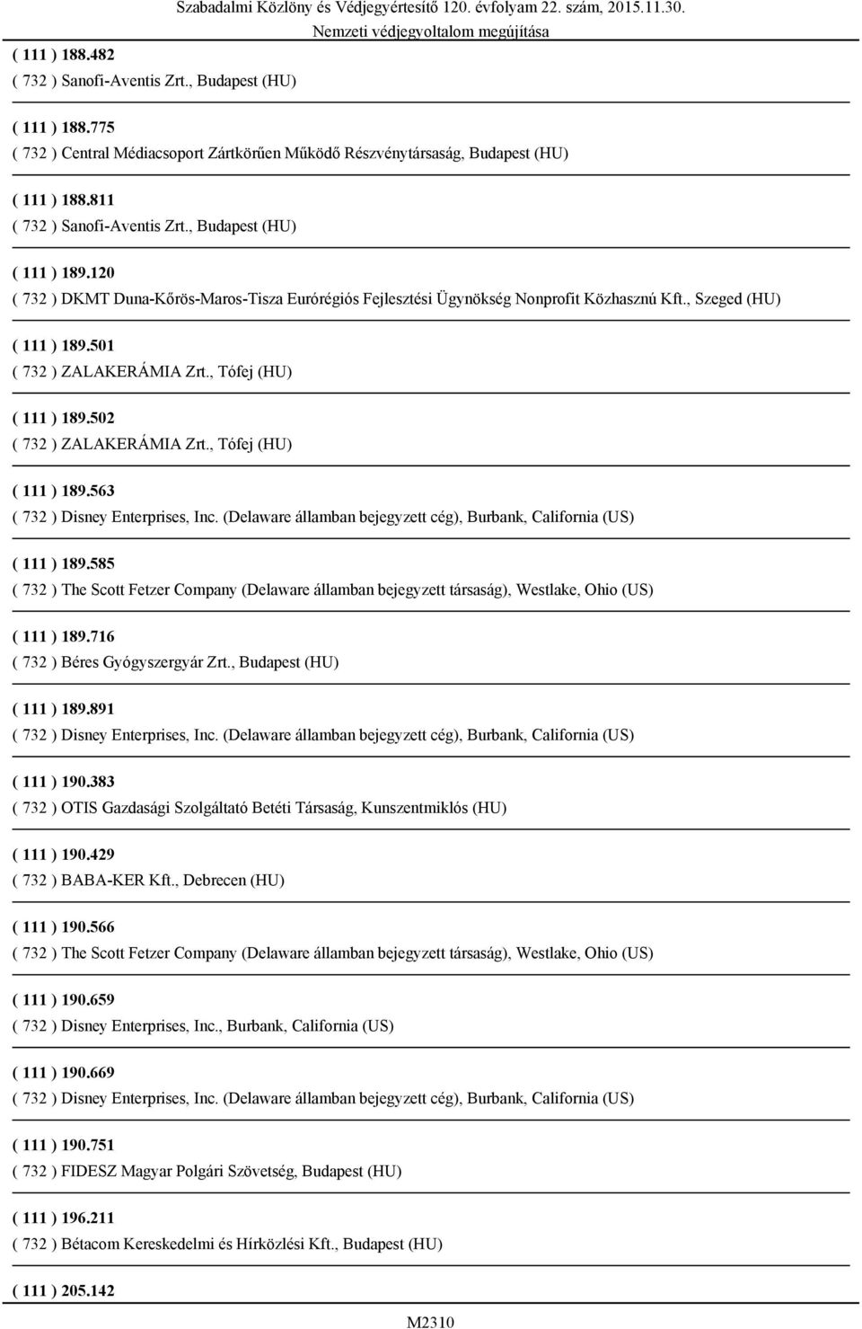 , Tófej (HU) ( 111 ) 189.502 ( 732 ) ZALAKERÁMIA Zrt., Tófej (HU) ( 111 ) 189.563 ( 732 ) Disney Enterprises, Inc. (Delaware államban bejegyzett cég), Burbank, California (US) ( 111 ) 189.