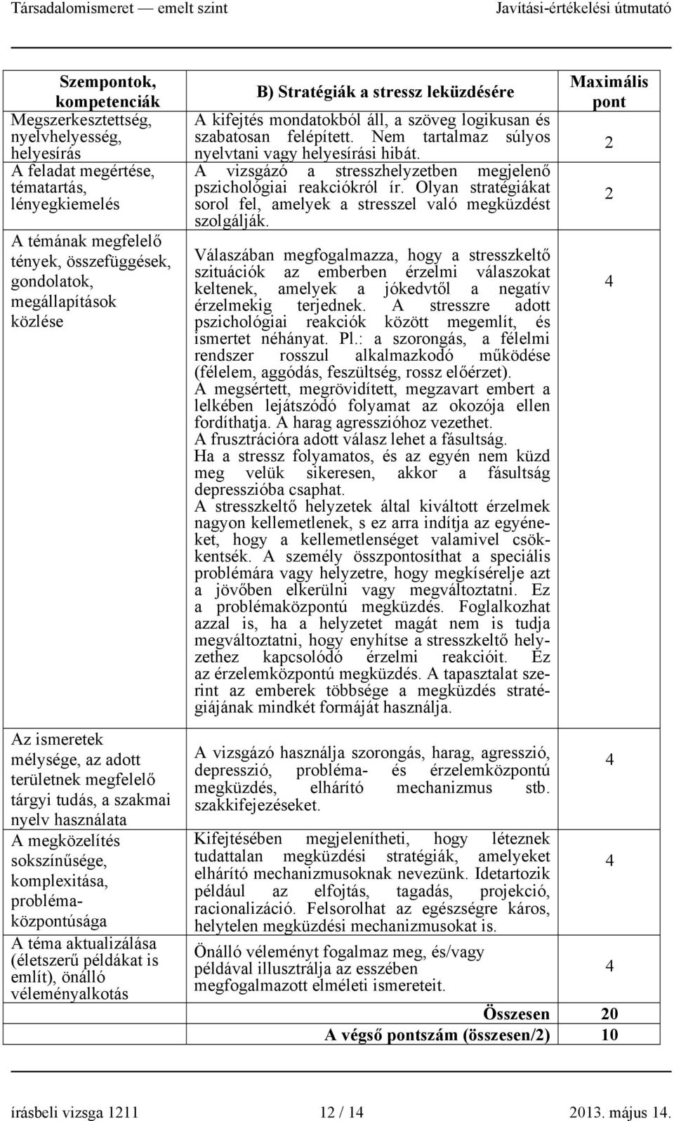 szöveg logikusan és szabatosan felépített. Nem tartalmaz súlyos nyelvtani vagy i hibát. A vizsgázó a stresszhelyzetben megjelenő pszichológiai reakciókról ír.