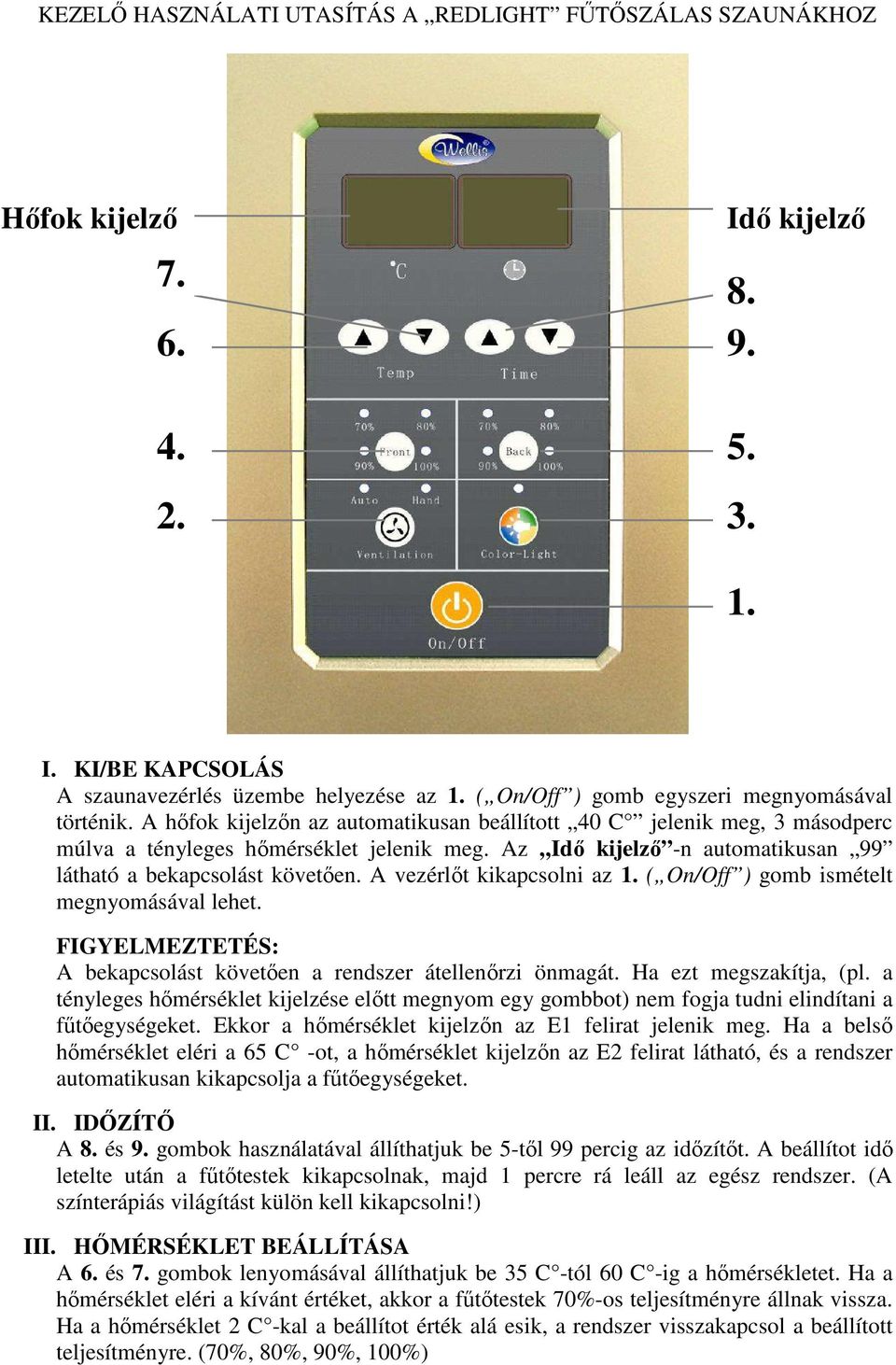 Az Idő kijelző -n automatikusan 99 látható a bekapcsolást követően. A vezérlőt kikapcsolni az 1. ( On/Off ) gomb ismételt megnyomásával lehet.