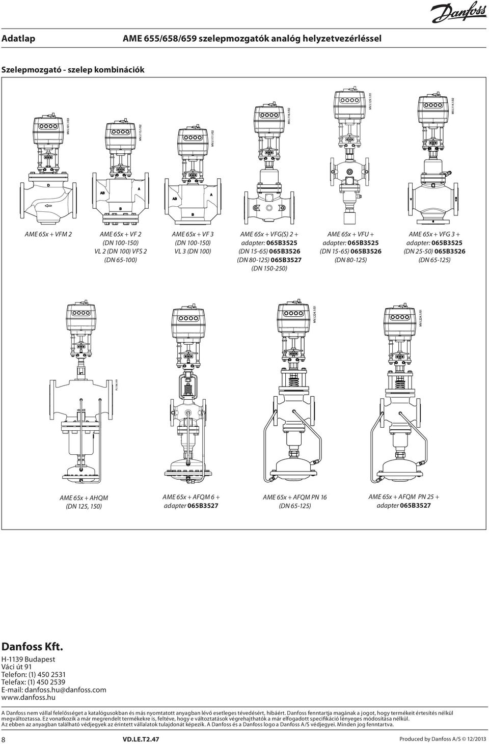 (DN 125, 150) AME 65x + AFQM 6 + adapter 065B3527 AME 65x + AFQM PN 16 (DN 65-125) AME 65x + AFQM PN 25 + adapter 065B3527 Danfoss Kft.