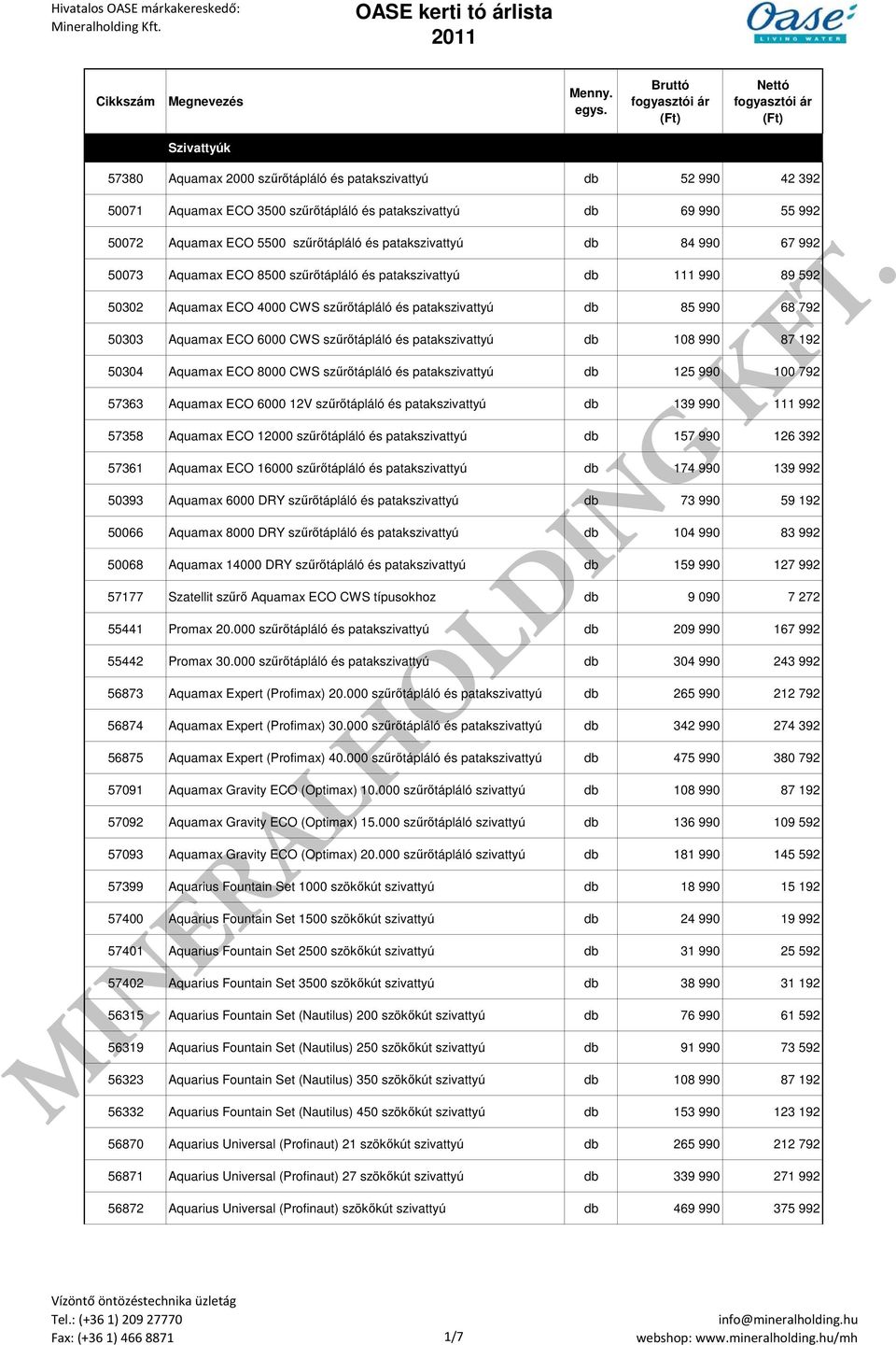 6000 CWS szűrőtápláló és patakszivattyú db 108 990 87 192 50304 Aquamax ECO 8000 CWS szűrőtápláló és patakszivattyú db 125 990 100 792 57363 Aquamax ECO 6000 12V szűrőtápláló és patakszivattyú db 139