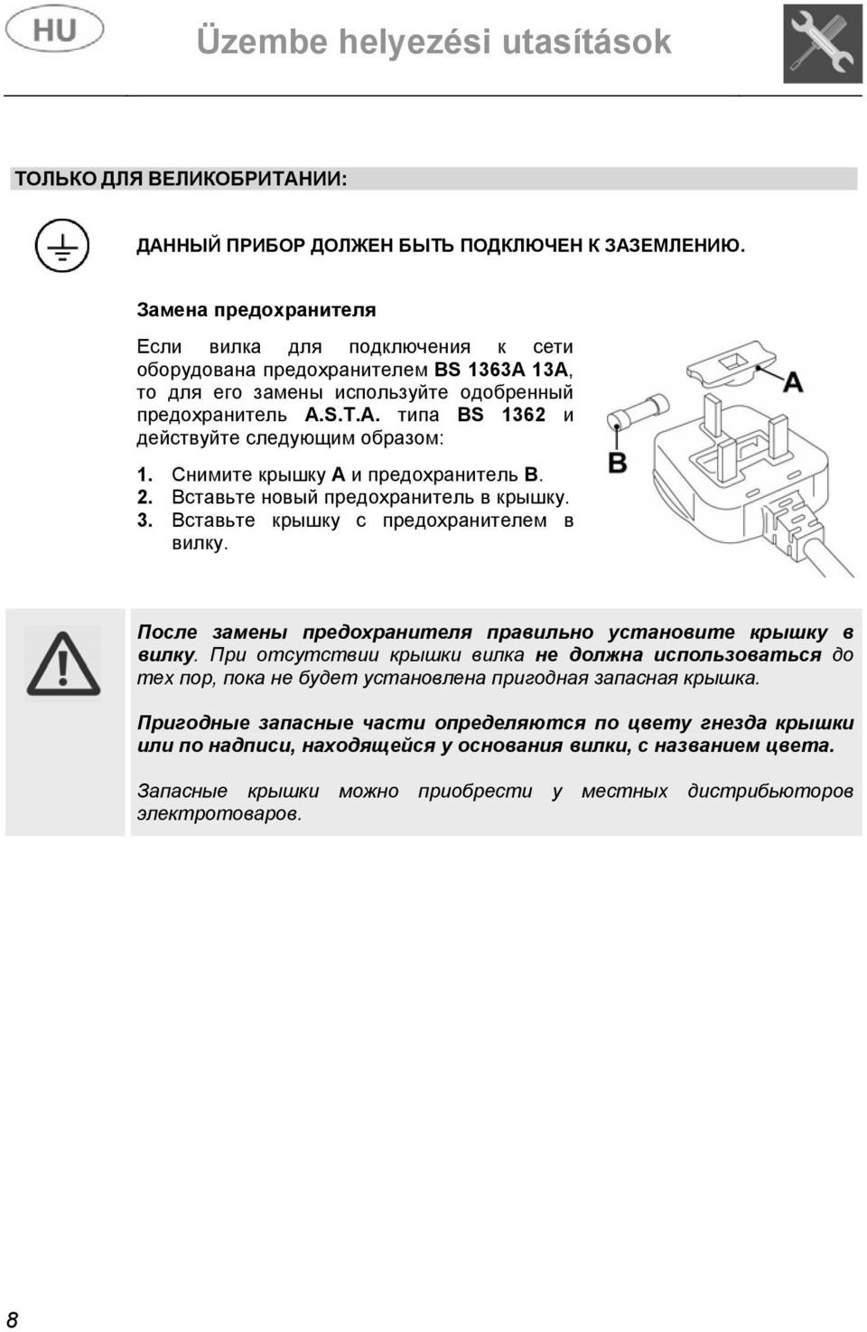 Снимите крышку А и предохранитель В. 2. Вставьте новый предохранитель в крышку. 3. Вставьте крышку с предохранителем в вилку. После замены предохранителя правильно установите крышку в вилку.
