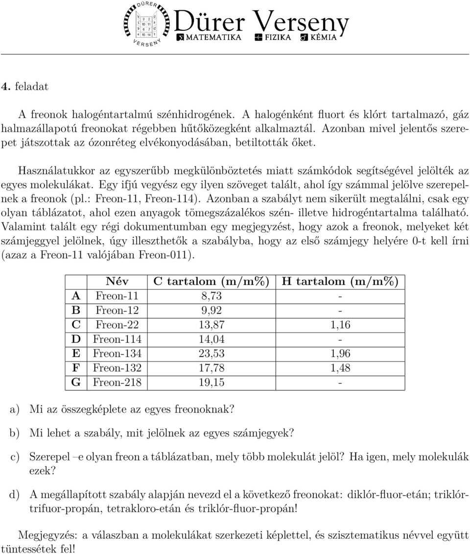 Egy ifjú vegyész egy ilyen szöveget talált, ahol így számmal jelölve szerepelnek a freonok (pl.: Freon-11, Freon-114).