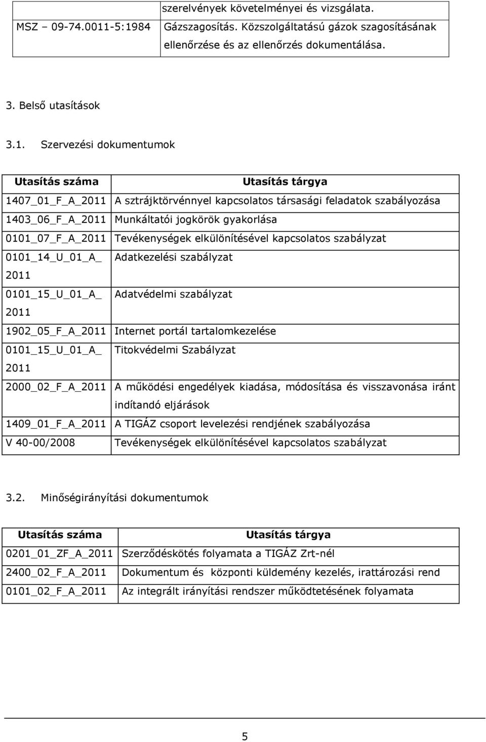 sztrájktörvénnyel kapcsolatos társasági feladatok szabályozása 1403_06_F_A_ Munkáltatói jogkörök gyakorlása 0101_07_F_A_ Tevékenységek elkülönítésével kapcsolatos szabályzat 0101_14_U_01_A_