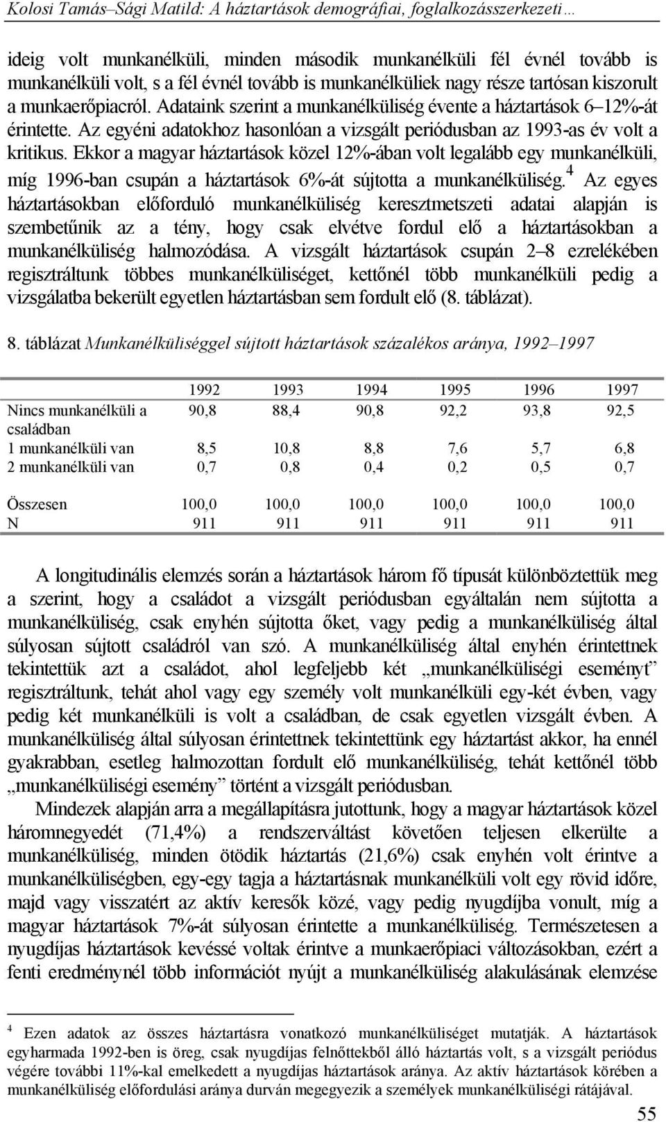 Ekkor a magyar háztartások közel 12%-ában volt legalább egy munkanélküli, míg 1996-ban csupán a háztartások 6%-át sújtotta a munkanélküliség.