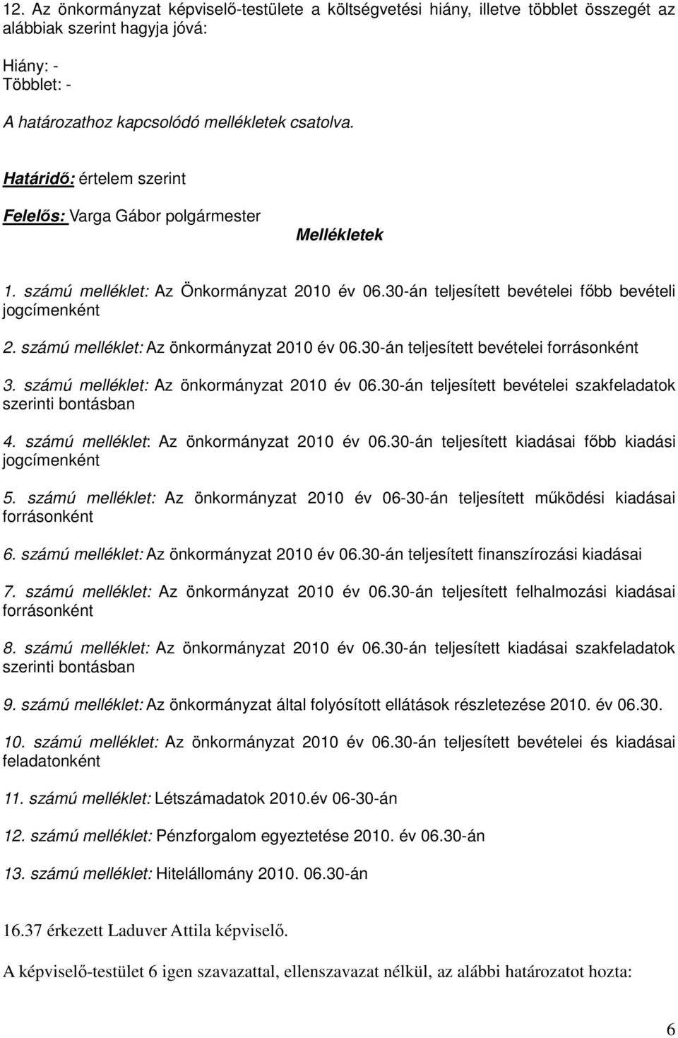 számú melléklet: Az önkormányzat 2010 év 06.30-án teljesített bevételei forrásonként 3. számú melléklet: Az önkormányzat 2010 év 06.30-án teljesített bevételei szakfeladatok szerinti bontásban 4.