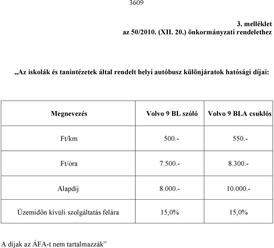 különjáratok hatósági díjai: Megnevezés Volvo 9 BL szóló Volvo 9 BLA csuklós Ft/km 500.
