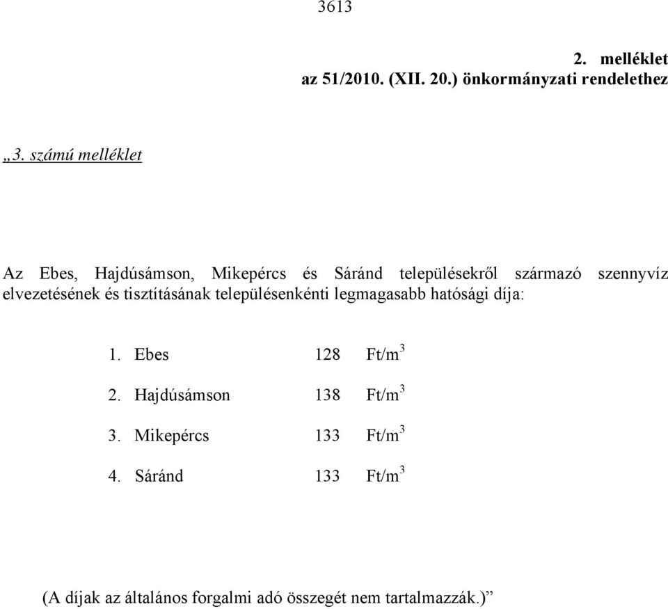 elvezetésének és tisztításának településenkénti legmagasabb hatósági díja: 1. Ebes 128 Ft/m 3 2.