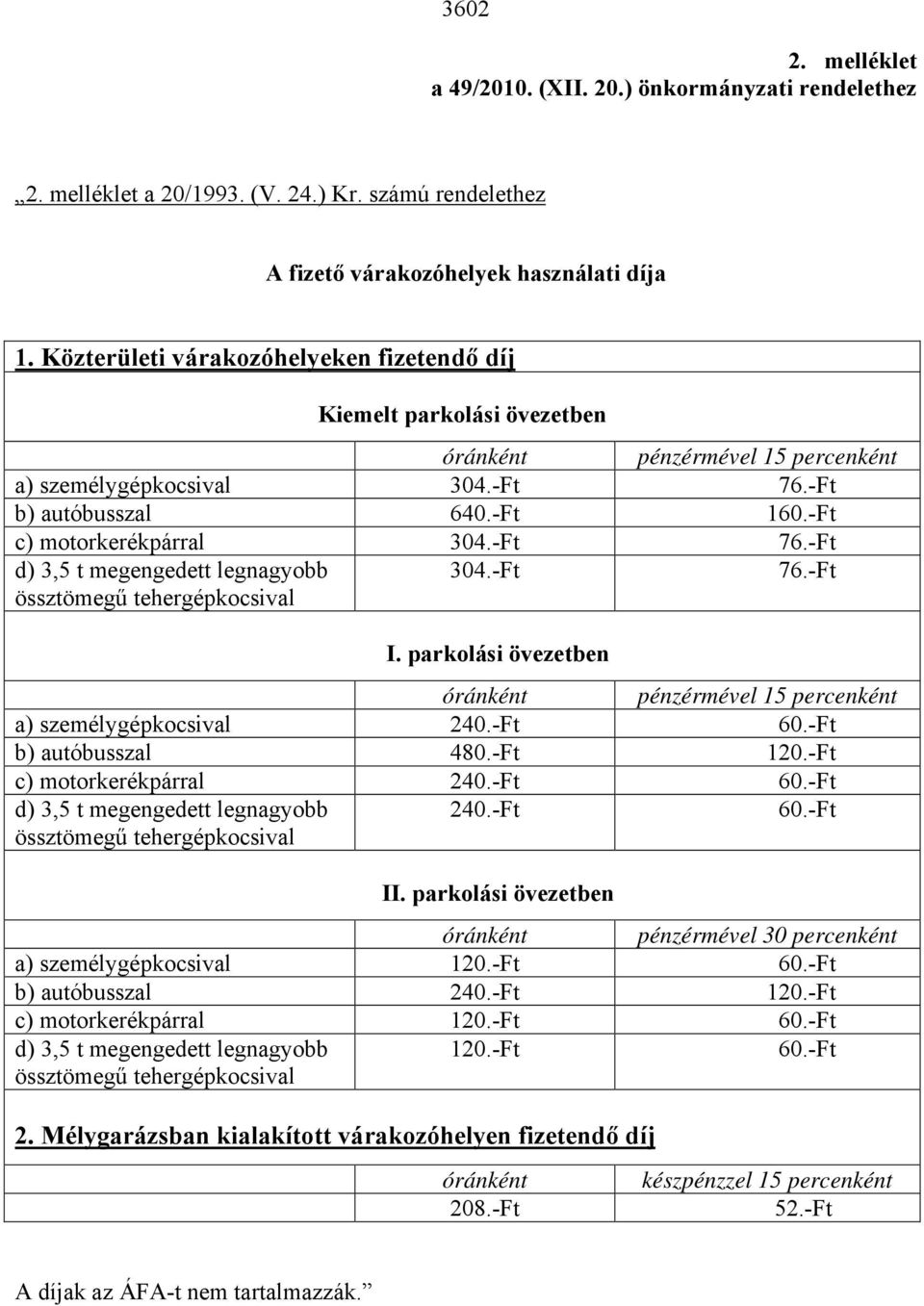 -Ft 76.-Ft d) 3,5 t megengedett legnagyobb össztömegű tehergépkocsival 304.-Ft 76.-Ft I. parkolási övezetben óránként pénzérmével 15 percenként a) személygépkocsival 240.-Ft 60.-Ft b) autóbusszal 480.