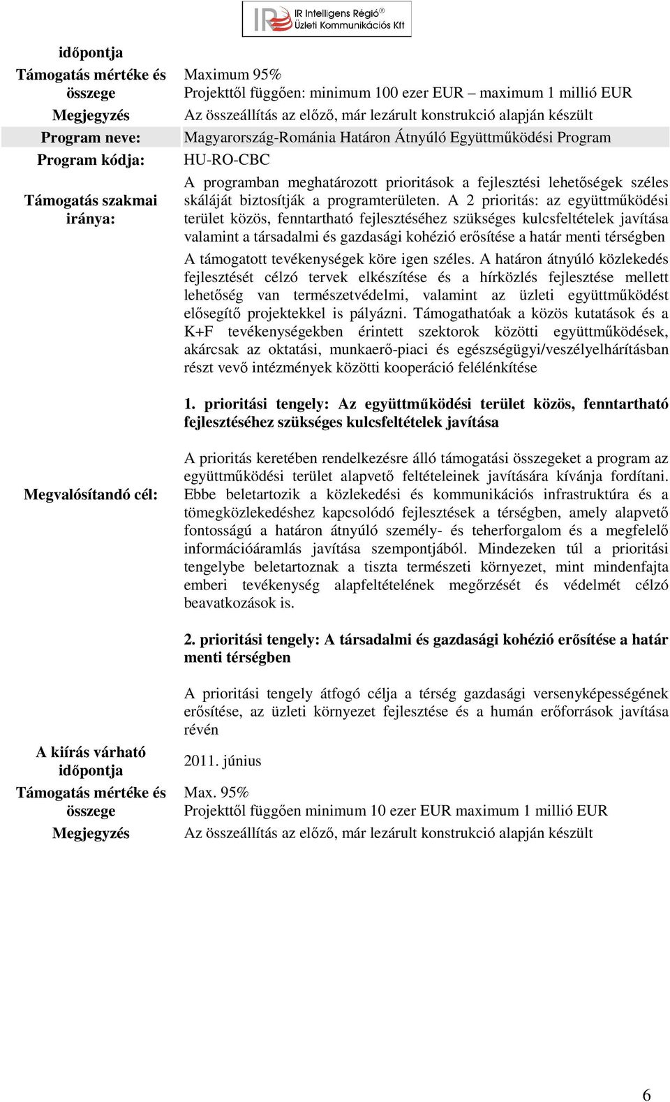 A 2 prioritás: az együttműködési terület közös, fenntartható fejlesztéséhez szükséges kulcsfeltételek javítása valamint a társadalmi és gazdasági kohézió erősítése a határ menti térségben A