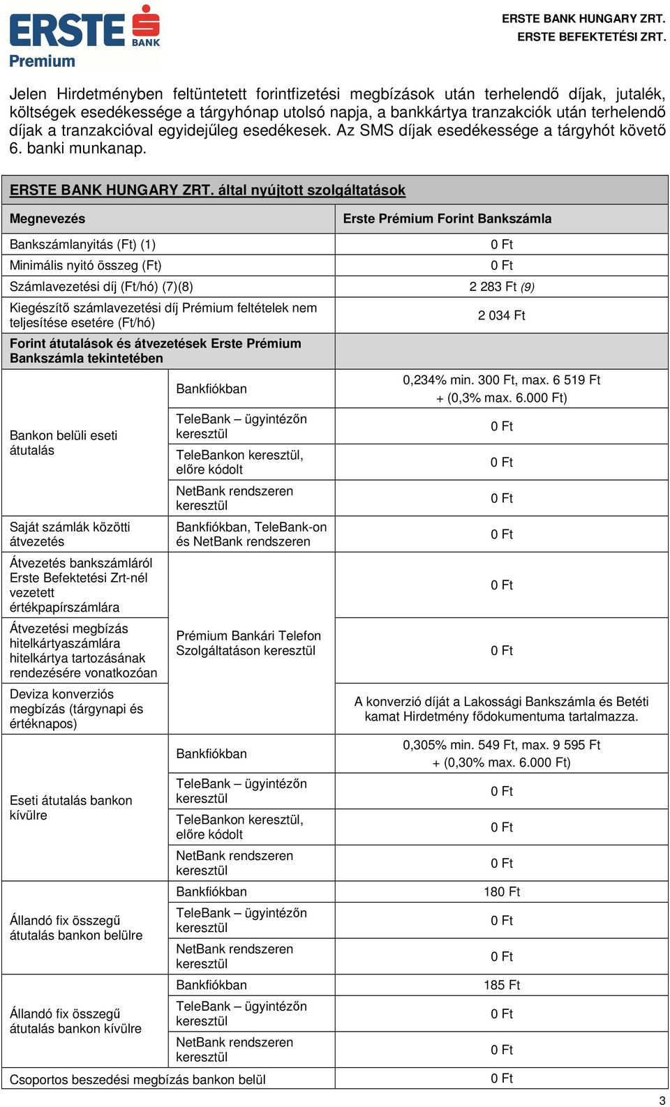 által nyújtott szolgáltatások Erste Prémium Forint Bankszámla Bankszámlanyitás (Ft) (1) Minimális nyitó összeg (Ft) Számlavezetési díj (Ft/hó) (7)(8) 2 283 Ft (9) Kiegészítő számlavezetési díj