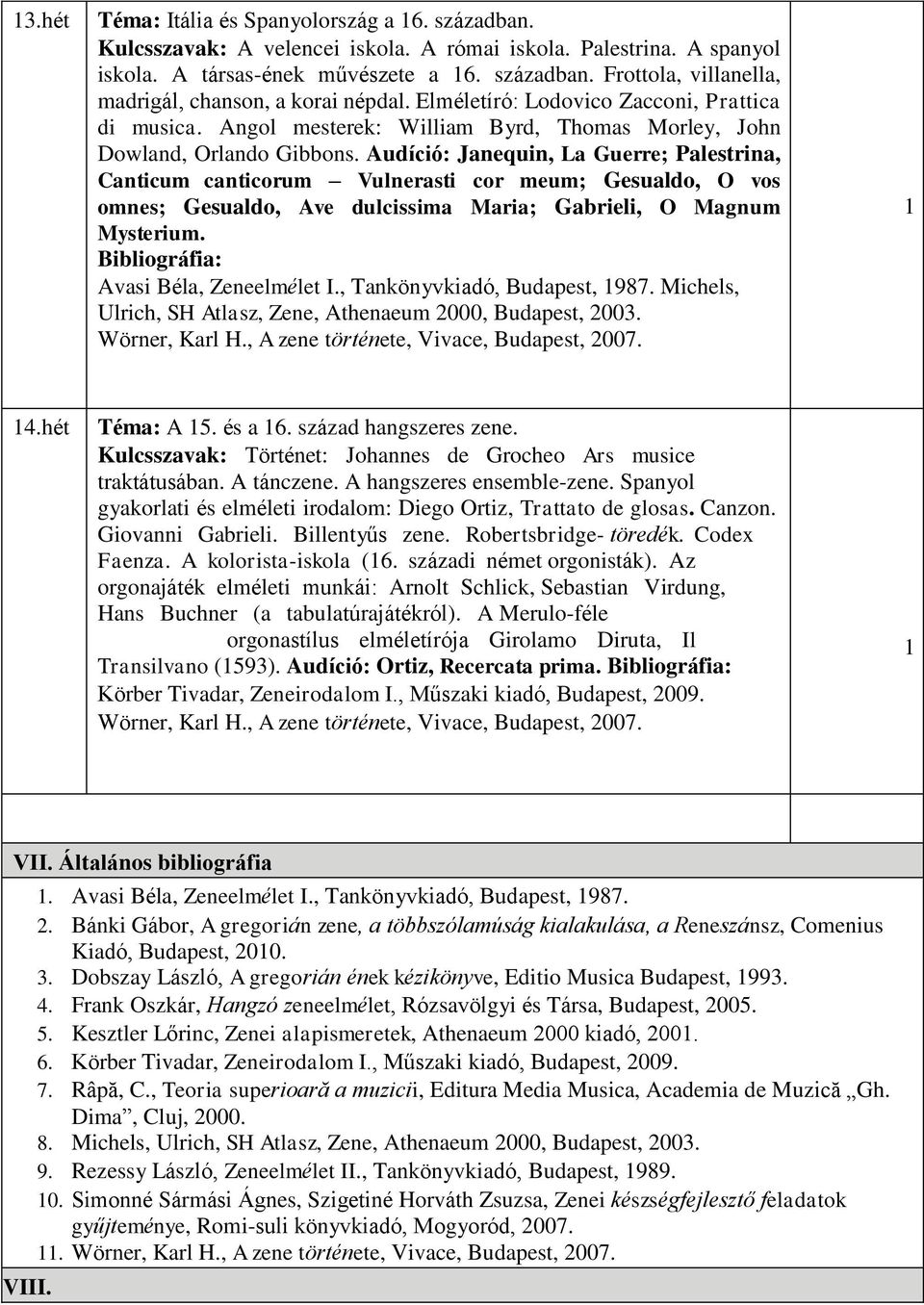 Audíció: Janequin, La Guerre; Palestrina, Canticum canticorum Vulnerasti cor meum; Gesualdo, O vos omnes; Gesualdo, Ave dulcissima Maria; Gabrieli, O Magnum Mysterium. Avasi Béla, Zeneelmélet I.