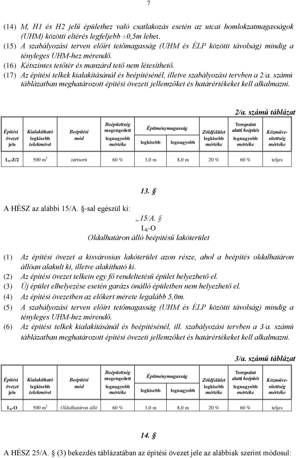 (17) Az építési telkek kialakításánál és beépítésénél, illetve szabályozási tervben a 2/a.