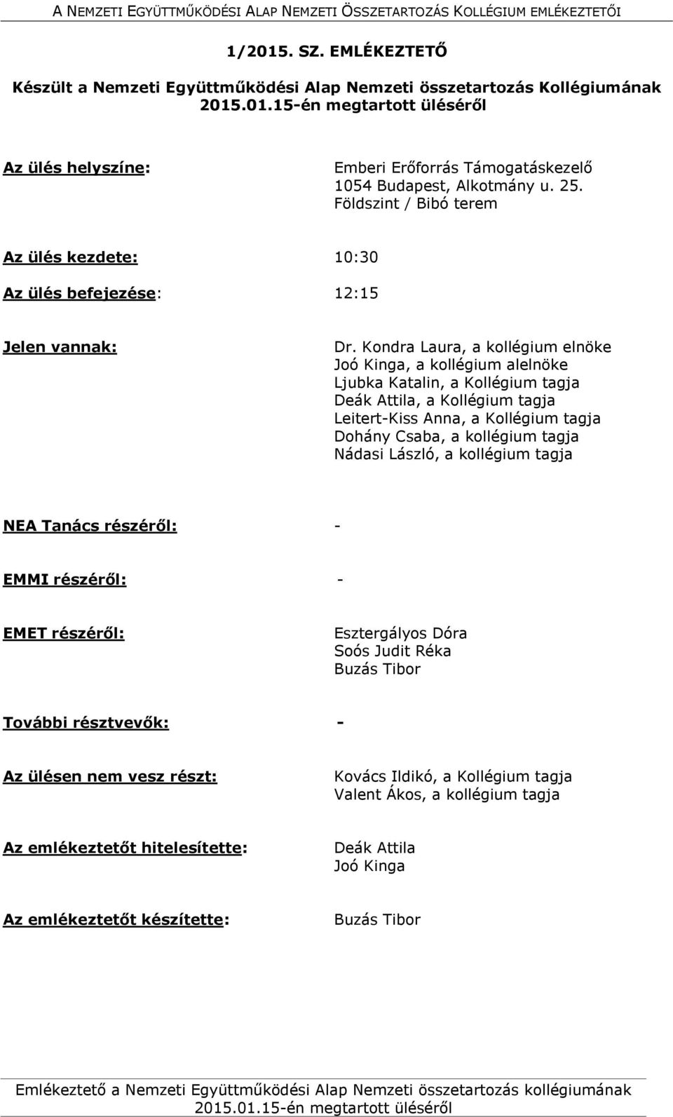 Kondra Laura, a kollégium elnöke Joó Kinga, a kollégium alelnöke Ljubka Katalin, a Kollégium tagja Deák Attila, a Kollégium tagja Leitert-Kiss Anna, a Kollégium tagja Dohány Csaba, a kollégium tagja