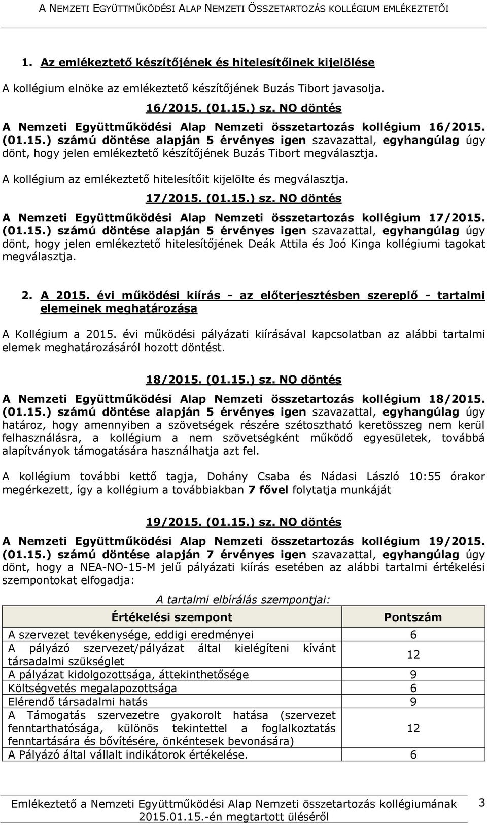 A kollégium az emlékeztető hitelesítőit kijelölte és megválasztja. 17/2015. (01.15.) sz. NO döntés A Nemzeti Együttműködési Alap Nemzeti összetartozás kollégium 17/2015.