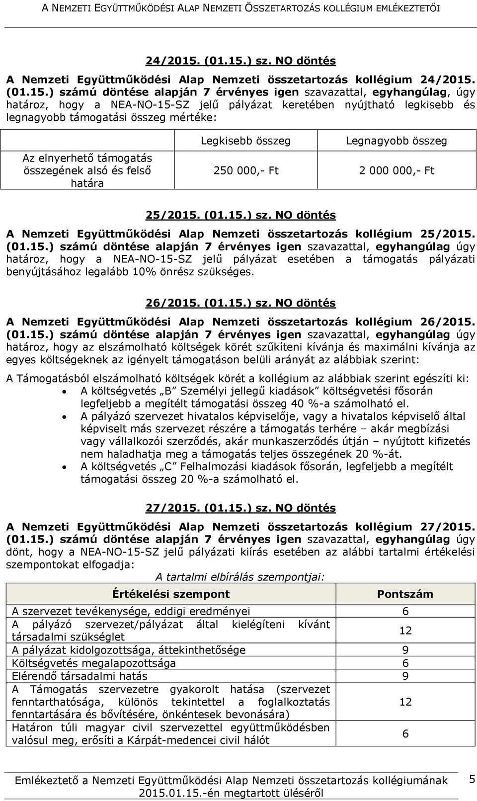 ) sz. NO döntés A Nemzeti Együttműködési Alap Nemzeti összetartozás kollégium  ) számú döntése alapján 7 érvényes igen szavazattal, egyhangúlag, úgy határoz, hogy a NEA-NO-15-SZ jelű pályázat