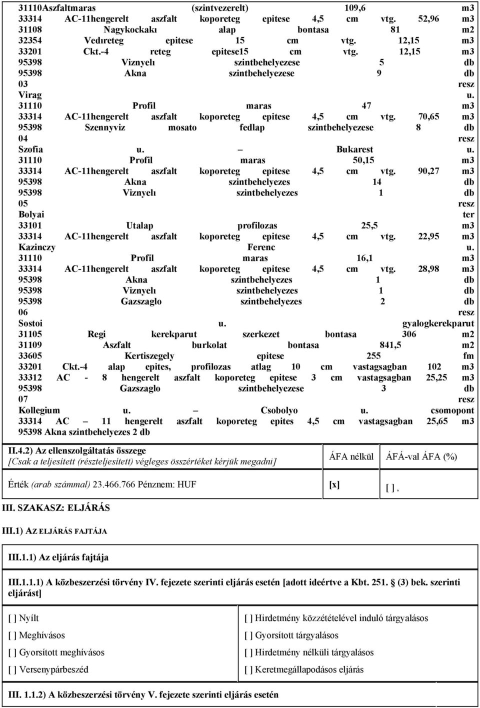 31110 Profil maras 47 m3 33314 AC-11hengerelt aszfalt koporeteg epitese 4,5 cm vtg. 70,65 m3 95398 Szennyviz mosato fedlap szintbehelyezese 8 db 04 resz Szofia u. Bukarest u.