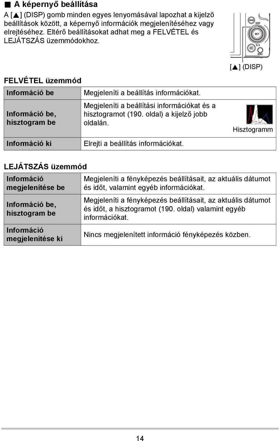 Megjeleníti a beállítási információkat és a hisztogramot (190. oldal) a kijelző jobb oldalán. Hisztogramm Információ ki Elrejti a beállítás információkat.