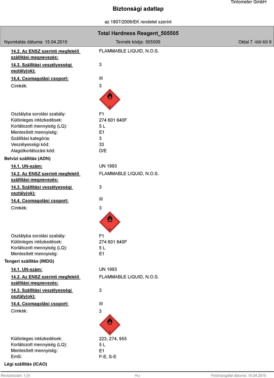 állítási veszélyességi osztály(ok): 14.4. Csomagolási csoport: Címkék: FLAMMABLE LIQUID, N.O.S.