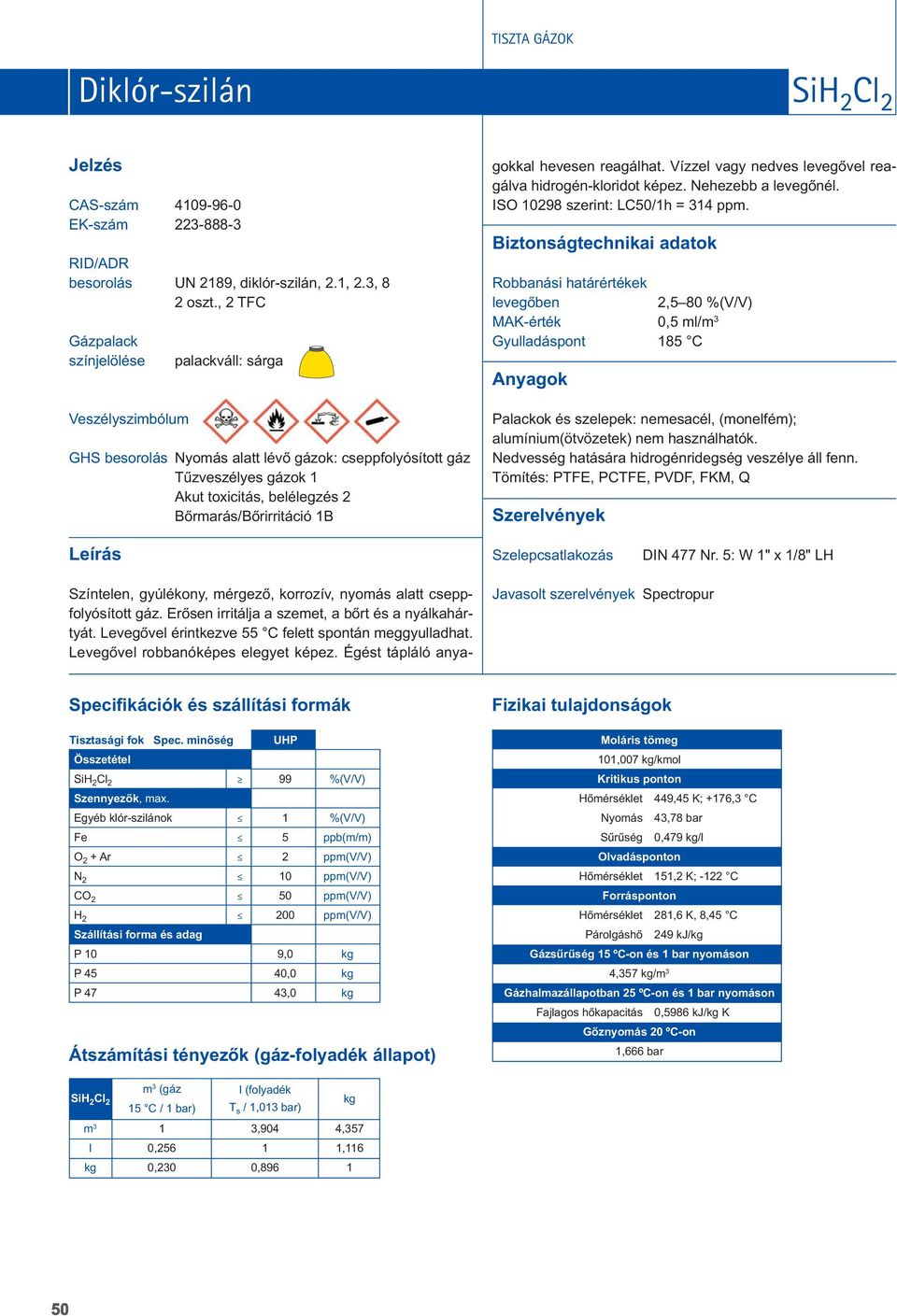 Vízze vagy nedves evegôve rea - gáva hidrogén-koridot képez. Nehezebb a evegôné. ISO 0298 szerint: LC50/h = 34 ppm.