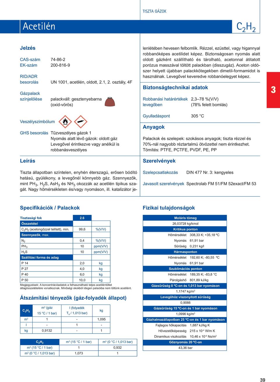 enyhén éterszagú, erôsen bódító hatású, gyúékony, a evegôné könnyebb gáz. Szennyezôk, mint PH 3, H 2 S, AsH 3 és NH 3 okozzák az acetién tipikus szagát. Nagy hômérséketen és/vagy nyomáson, i.