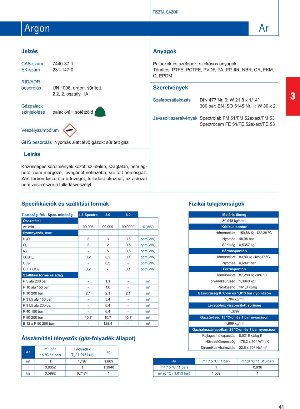 : W 30 x 2 Javasot szerevények Spectroab FM 5/FM 52exact/FM 53 Spectrocem FE 5/FE 52exact/FE 53 3 GHS besoroás Nyomás aatt évô gázok: sûrített gáz Közönséges körümények között színteen, szagtaan, nem
