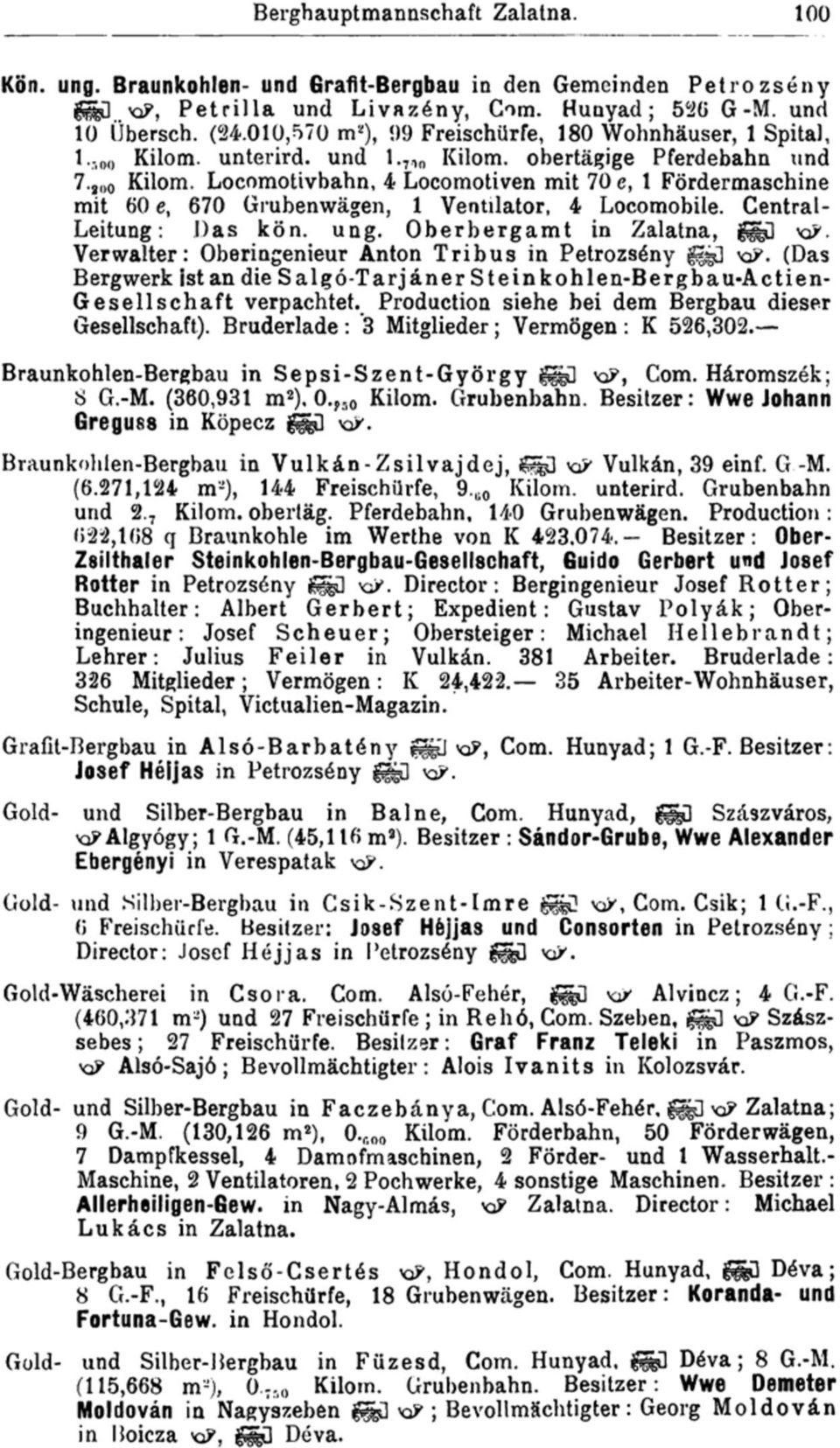 Locomotivbahn, 4 Locomotiven mit 70 e, 1 Fördermaschine mit 60 e, 670 Grubenwägen, 1 Ventilator, 4 Locomobile. Centrai- Leitung: Das kön. ung.