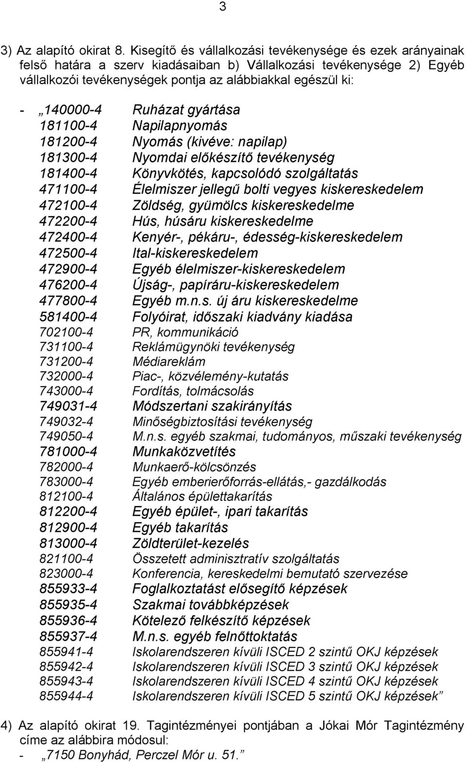 Ruházat gyártása 181100-4 Napilapnyomás 181200-4 Nyomás (kivéve: napilap) 181300-4 Nyomdai előkészítő tevékenység 181400-4 Könyvkötés, kapcsolódó szolgáltatás 471100-4 Élelmiszer jellegű bolti vegyes