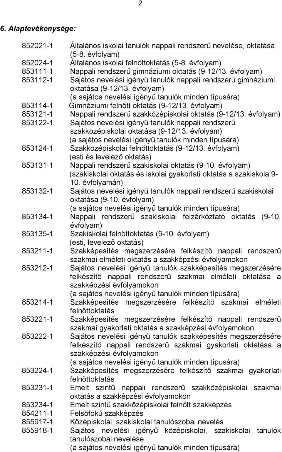 évfolyam) (a sajátos nevelési igényű tanulók minden típusára) 853114-1 Gimnáziumi felnőtt oktatás (9-12/13. évfolyam) 853121-1 Nappali rendszerű szakközépiskolai oktatás (9-12/13.