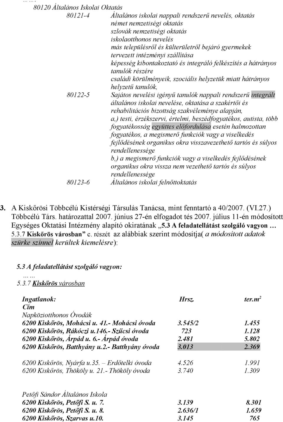 helyzetű tanulók, 80122-5 Sajátos nevelési igényű tanulók nappali rendszerű integrált általános iskolai nevelése, oktatása a szakértői és rehabilitációs bizottság szakvéleménye alapján, a,) testi,