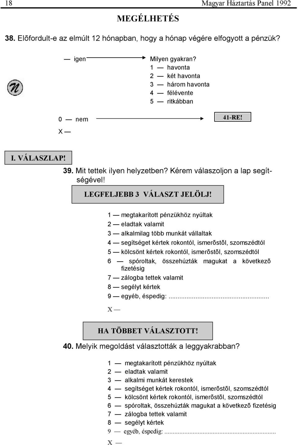 1 megtakarított pénzükhöz nyúltak 2 eladtak valamit 3 alkalmilag több munkát vállaltak 4 segítséget kértek rokontól, ismerõstõl, szomszédtól 5 kölcsönt kértek rokontól, ismerõstõl, szomszédtól 6