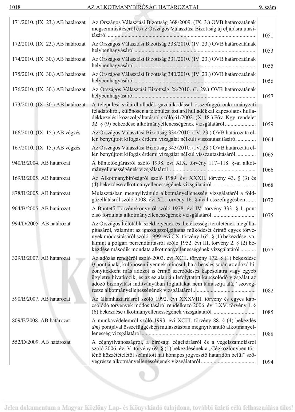 (IV. 23.) OVB határozatának helybenhagyásáról... 1053 174/2010. (IX. 30.) AB határozat Az Országos Választási Bizottság 331/2010. (IV. 23.) OVB határozatának helybenhagyásáról... 1055 175/2010. (IX. 30.) AB határozat Az Országos Választási Bizottság 340/2010.