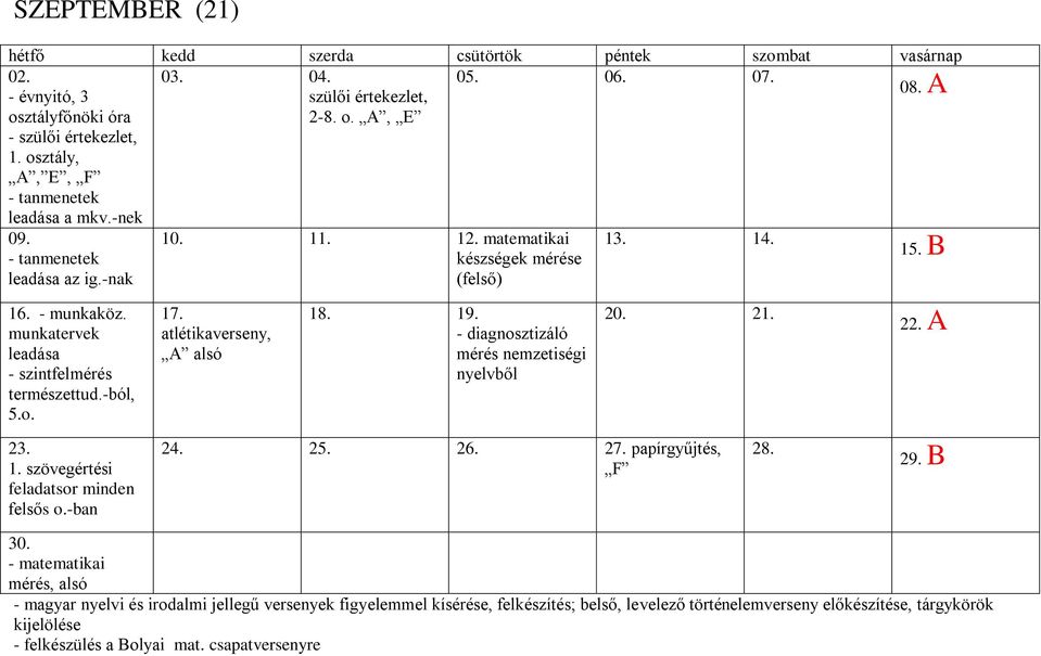 matematikai készségek mérése (felső) 17. atlétikaverseny, A alsó 18. 19. - diagnosztizáló mérés nemzetiségi nyelvből 13. 14. 20. 21. 24. 25. 26. 27. papírgyűjtés, F 30.