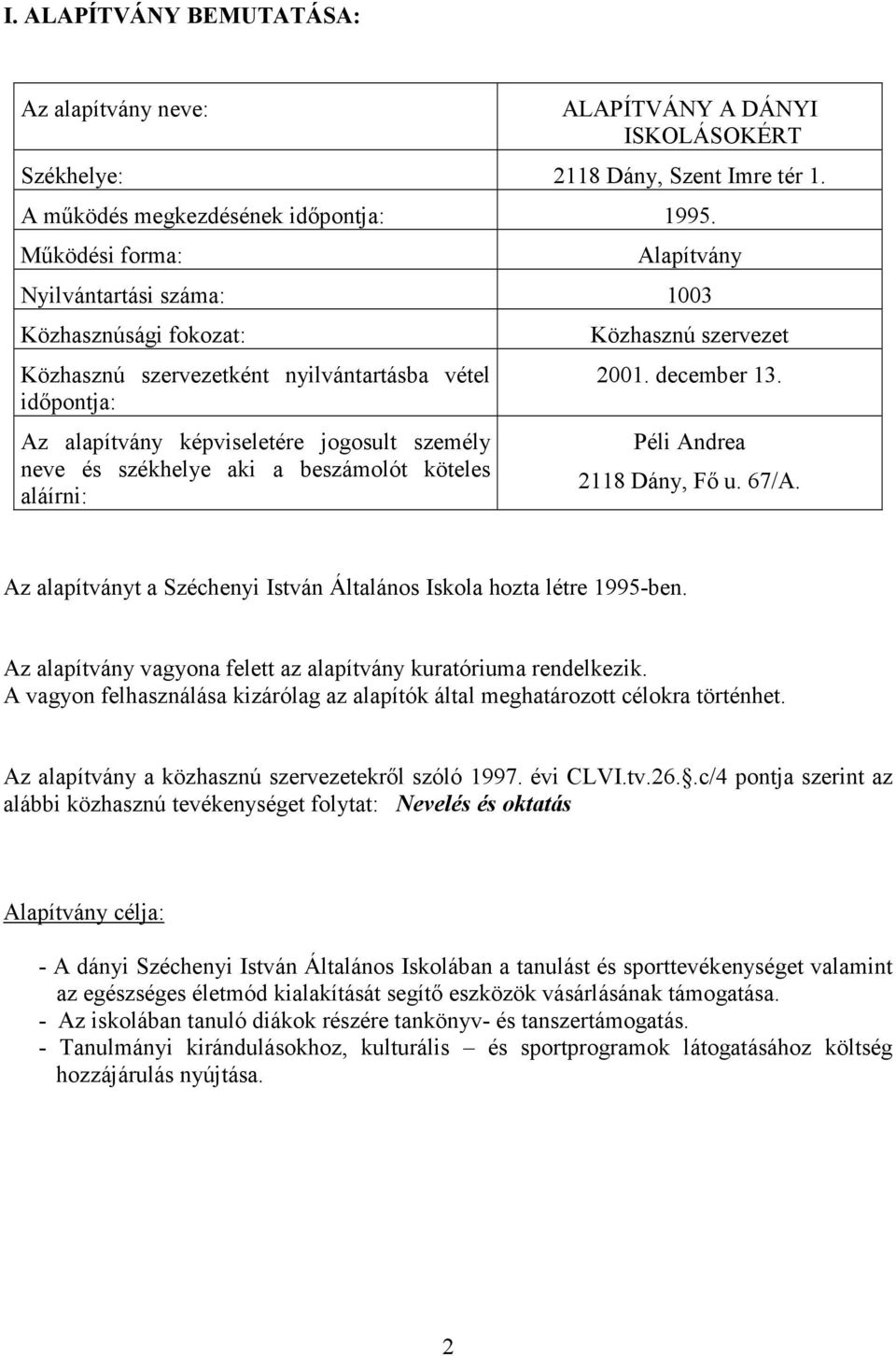 aki a beszámolót köteles aláírni: Közhasznú szervezet 2001. december 13. Péli Andrea 2118 Dány, Fő u. 67/A. Az alapítványt a Széchenyi István Általános Iskola hozta létre 1995-ben.