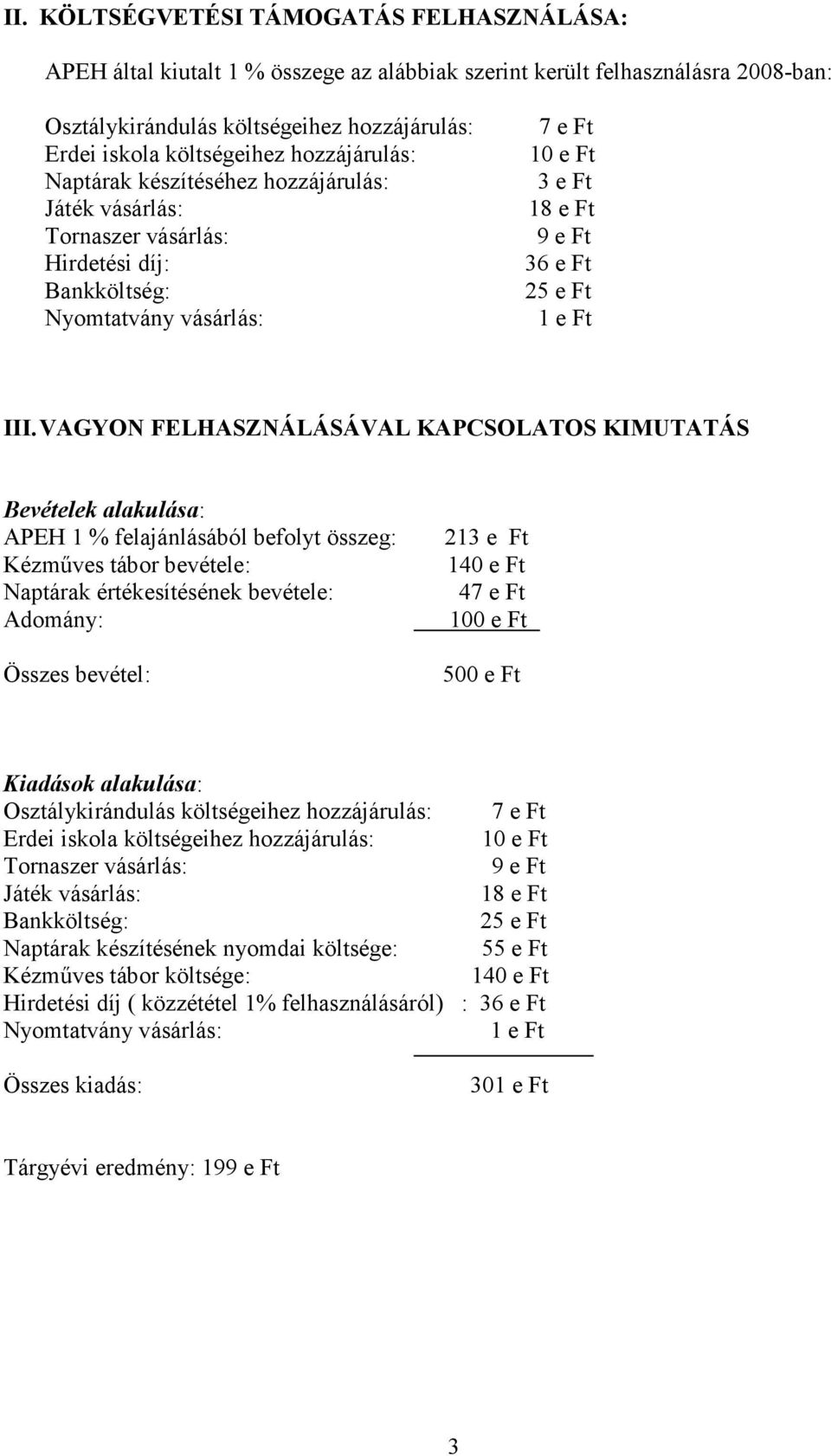 VAGYON FELHASZNÁLÁSÁVAL KAPCSOLATOS KIMUTATÁS Bevételek alakulása: APEH 1 % felajánlásából befolyt összeg: Kézműves tábor bevétele: Naptárak értékesítésének bevétele: Adomány: Összes bevétel: 213 e