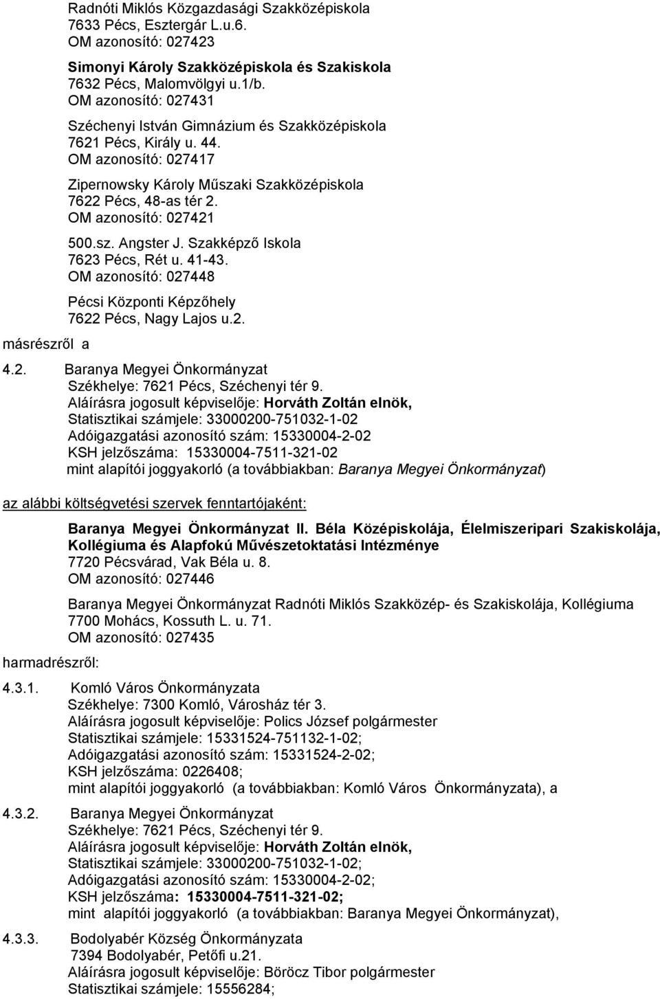 OM azonosító: 027421 500.sz. Angster J. Szakképző Iskola 7623 Pécs, Rét u. 41-43. OM azonosító: 027448 Pécsi Központi Képzőhely 7622 Pécs, Nagy Lajos u.2. másrészről a 4.2. Baranya Megyei Önkormányzat Székhelye: 7621 Pécs, Széchenyi tér 9.